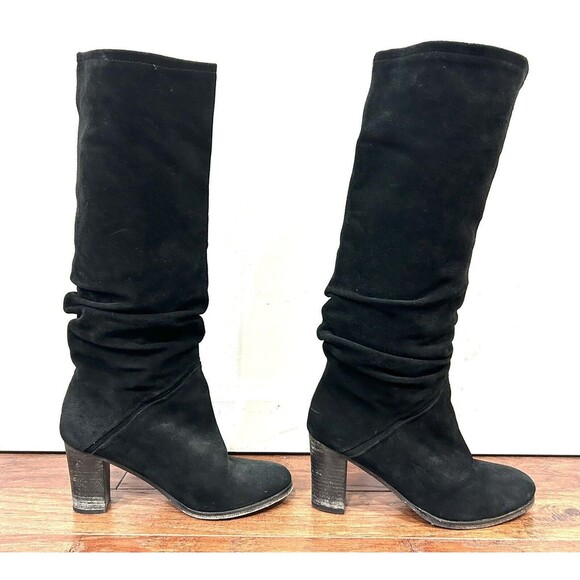 Free People Tennison Boots Size 37 Tall Black Suede Leather Pull On Heels Slouch - Picture 11 of 15